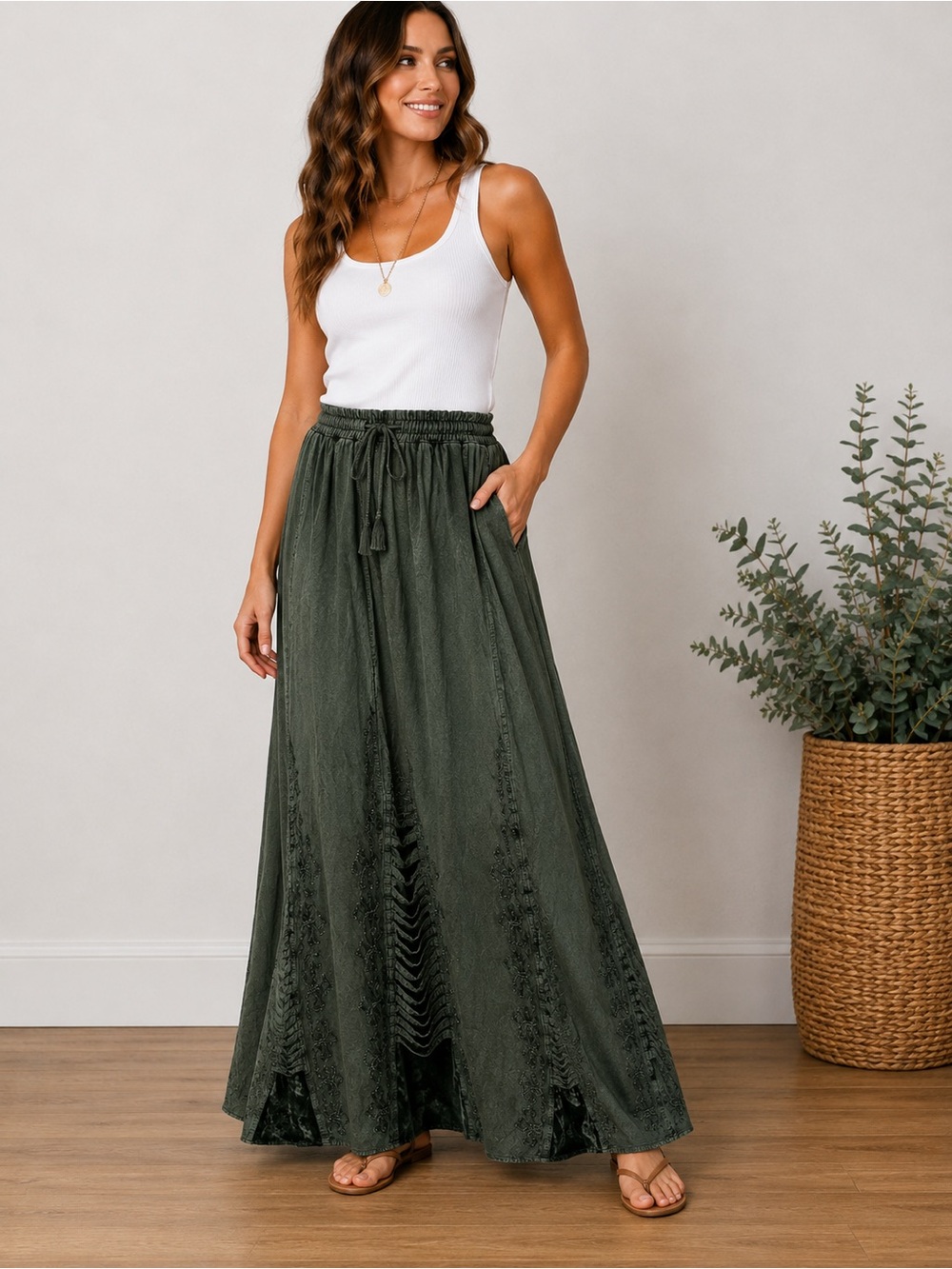 L’POGEE Boho Embroidered Cutout Maxi Skirt Green Free Size